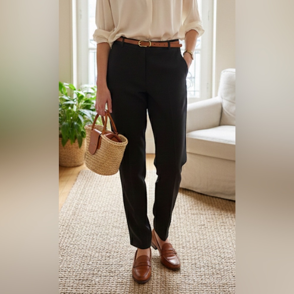 Sézane-Style High-Waisted Tailored Slim Trousers – Black, Size 4